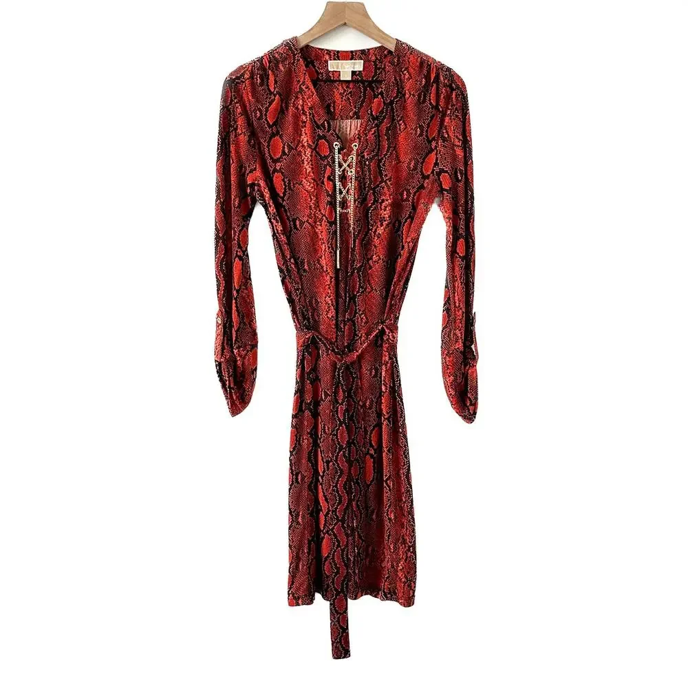 Michael Kors Red Snakeskin Print Gold Chain Tie Dress Size S